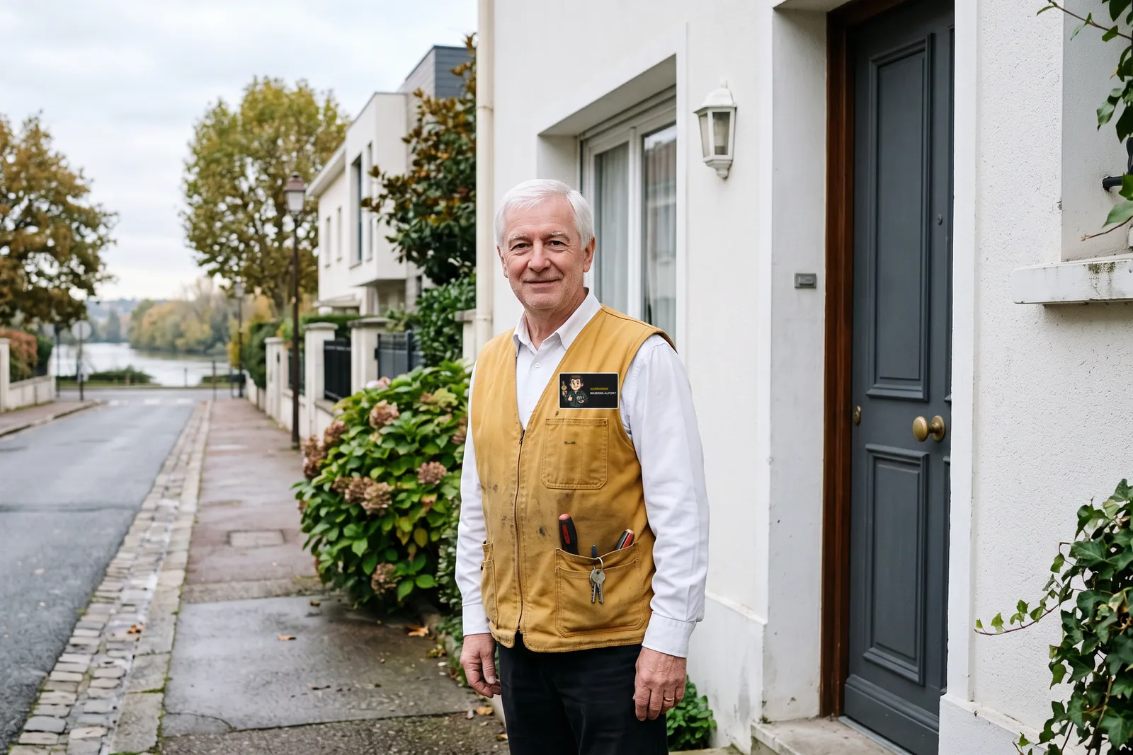 Votre serrurier à Maisons-Alfort devant la porte d'une maison, gilet de travail aux couleurs de Serrurier Maisons-Alfort