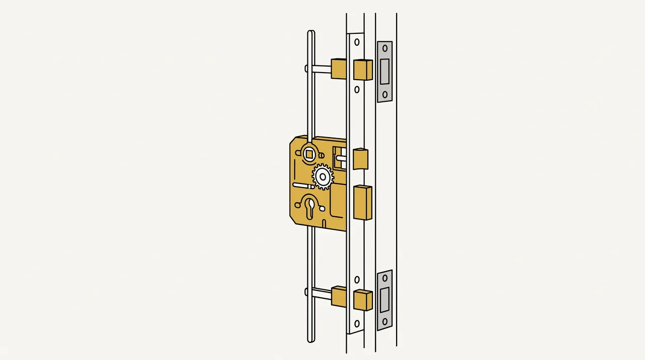Dessin au trait d'une serrure multipoints : boîtier, tringles et points de fermeture